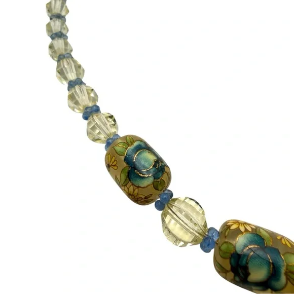 Vintage Hand-Painted Art Glass Necklace w/ 14K Gold Clasp-Length 19”